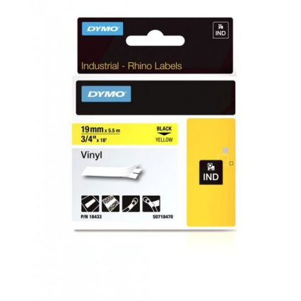 TAŚMA WINYLOWA Z TRWAŁYM KLEJEM CZARNA NA ŻÓŁTYM 19MM x 5,5MB  RHINO - DYMO - 18433
