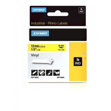 TAŚMA WINYLOWA Z TRWAŁYM KLEJEM CZARNA NA ŻÓŁTYM 12MM x 5,5MB  RHINO - DYMO - 18432