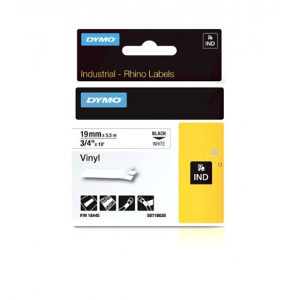 TAŚMA WINYLOWA Z TRWAŁYM KLEJEM CZARNA NA BIAŁYM 19MM x 5,5MB RHINO - DYMO - 18445
