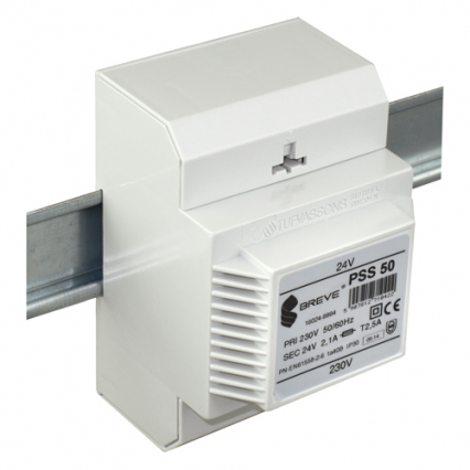 TRANSFORMATOR JEDNOFAZOWY IP30 NA SZYNĘ TH35 W OBUDOWIE MODUŁOWEJ Z ZABEZPIECZENIEM PSS 50VA 230/ 24V - BREVE - 16024-9994