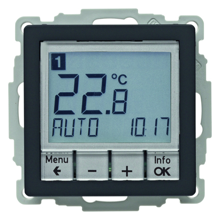 REGULATOR TEMPERATURY ZE STEROWNIKIEM CZASOWYM STYKIEM ZMIENNYM I ELEMENTEM CENTRALNYM ANTRACYT AKSAMIT Q.1/Q.3  - HAGER - 20446086