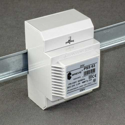 TRANSFORMATOR JEDNOFAZOWY IP30 NA SZYNĘ TH35 W OBUDOWIE MODUŁOWEJ Z ZABEZPIECZENIEM PSS 63VA 400/ 24V - BREVE - 16024-9972