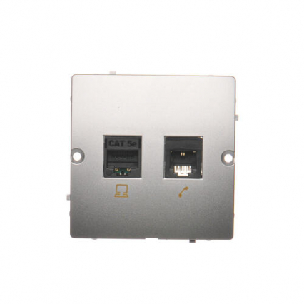 Gniazdo komputerowe RJ45 kat.5e + telefoniczne RJ11 (moduł). Montaż gniazda na wkręty do puszki; srebrny mat - KONTAKT SIMON - BMF5T.02/43