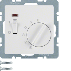 REGULATOR TEMPERATURY POMIESZCZENIA 24 V ZE STYKIEM ZWIERNYM ELEMENTEM CENTRALNYM ŁĄCZNIKIEM I DIODĄ BIAŁY AKSAMIT Q.1  - HAGER - 20316089