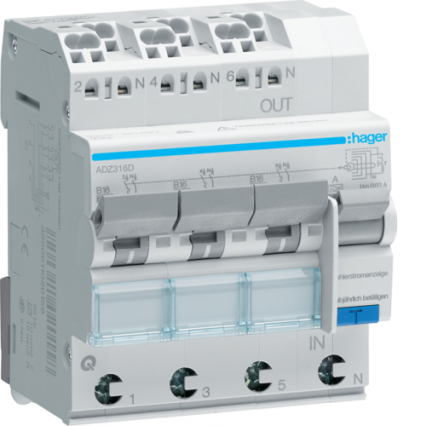 WYŁĄCZNIK RÓŻNICOWY RCBO 3 - 3 X 1P+N 6KA B-16A 30MA A QC/QBB. - HAGER - ADZ316D