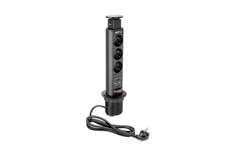 BIURKOWY PRZEDŁUŻACZ WPUSZCZANY 60MM, 3X SCHUKO, 2XUSB 2,1A 5V (CZARNY). - GTV - AE-BPW3S60U-20