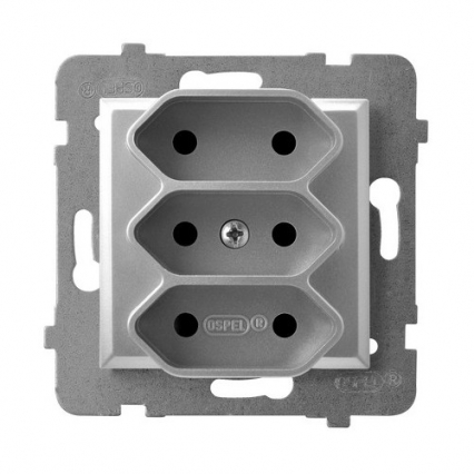 GNIAZDO POTRÓJNE BEZ UZIEMIENIA 3P EURO ZACISKI ŚRUBOWE 2.5A 250V IP20 SREBRNY ARIA - OSPEL - GP-3U/m/18