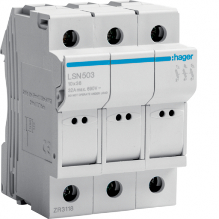 MODUŁ PODSTAWOWY BEZPIECZNIKA 3P L38 10X38MM 32A 690V - HAGER - LSN503