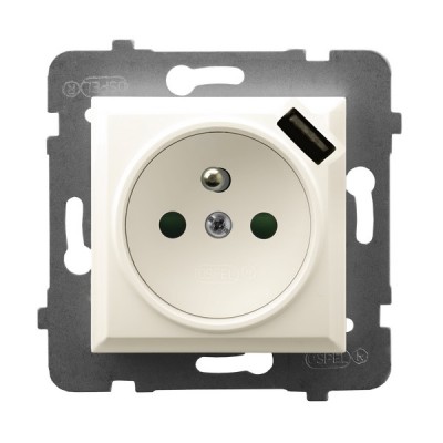 GNIAZDO POJEDYNCZE Z UZIEMIENIEM 2P+Z Z PRZESŁONAMI ZACISKI AUTOMATYCZNE Z ŁADOWARKĄ USB 16A/230 USB 5V/2.1A IP20 ECRU ARIA - OSPEL - GP-1UZPUSB/m/27