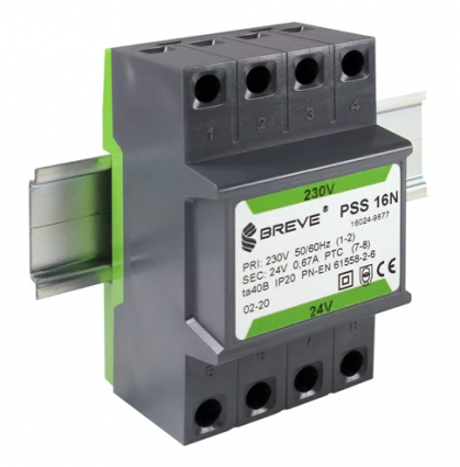 TRANSFORMATOR JEDNOFAZOWY IP30 NA SZYNĘ TH35 W OBUDOWIE MODUŁOWEJ Z ZABEZPIECZENIEM PSS 16N 230/ 24V - BREVE - 16024-9877