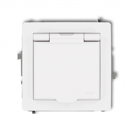 Mechanizm gniazda bryzgoszczelnego z uziemieniem 2P+Z (klapka biała, przesłony torów prądowych) DECO - KARLIK - DGPB-1zp