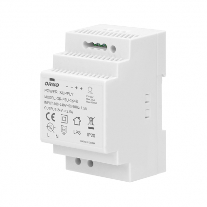 Zasilacz na szynę DIN 24VDC, 2,5A, 60W, szerokość 3 moduły - ORNO - OR-PSU-1648