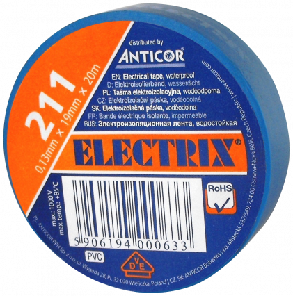 TAŚMA ELEKTROIZOLACYJNA 19X20 NIEBIESKA ANTICOR ELECTRIX 211 - ANTICOR - PE-2112003-0019020