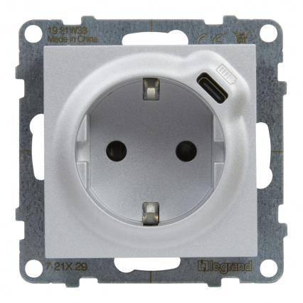 GNIAZDO SCHUKO 2P+Z - 16 A - 250 V~ - + USB TYP C - 1,5 A - 5 V ALUMINIUM SUNO - LEGRAND - 721329