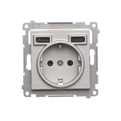 Gniazdo schuko ze zintegrowaną ładowarką 2xUSB A (moduł); Aluminium mat Simon 55 - KONTAKT SIMON - TGSZ1ZUSB2AA.01/143