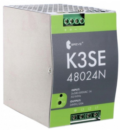 ZASILACZ IMPULSOWY K3SE 3x400/ 24VDC 20A 480W na szynę DIN, Uzas: 340-550V AC - BREVE - 17000-1014