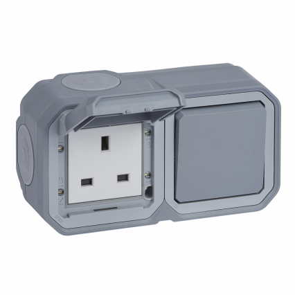 GNIAZDO BRYTYJSKIE 2P+Z + ŁĄCZNIK SCHODOWY NATYNKOWE 16A- 250V~ SZARE PLEXO - LEGRAND - 069750L