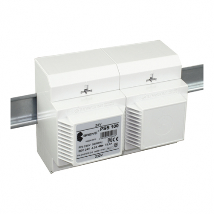 TRANSFORMATOR JEDNOFAZOWY IP30 NA SZYNĘ TH35 W OBUDOWIE MODUŁOWEJ Z ZABEZPIECZENIEM PSS 100VA 230/ 24V - BREVE - 16024-9973