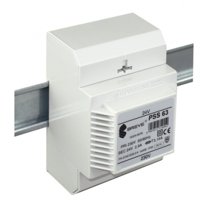 TRANSFORMATOR JEDNOFAZOWY IP30 NA SZYNĘ TH35 W OBUDOWIE MODUŁOWEJ Z ZABEZPIECZENIEM PSS 63VA 230/ 24V - BREVE - 16024-9979